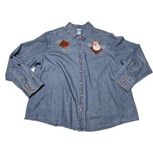 Holiday Editions Denim Shirt Women's 1X Long Sleeve Snowman Plaid Applique